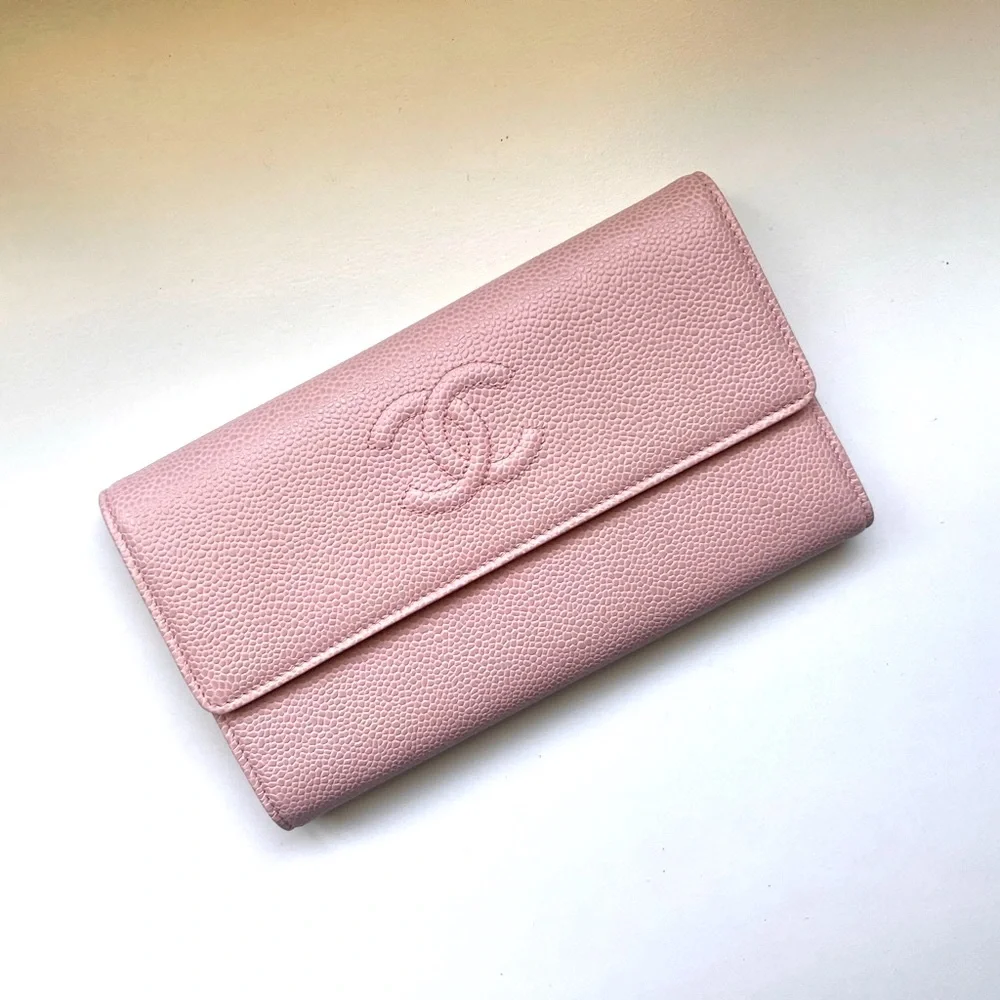 🔥CHANEL Caviar Timeless CC Large Gusset Flap Wallet in Rose Pale
